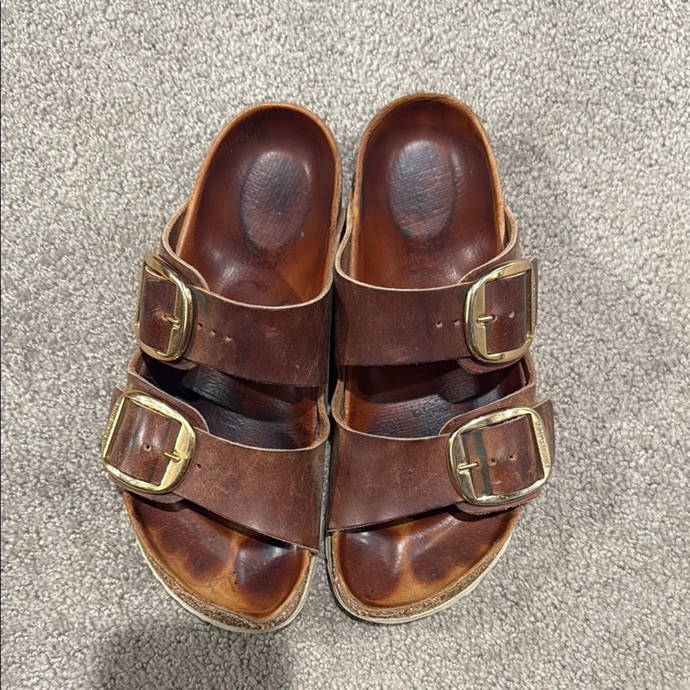 Birkenstock Tan Leather Sandals with Gold Accents